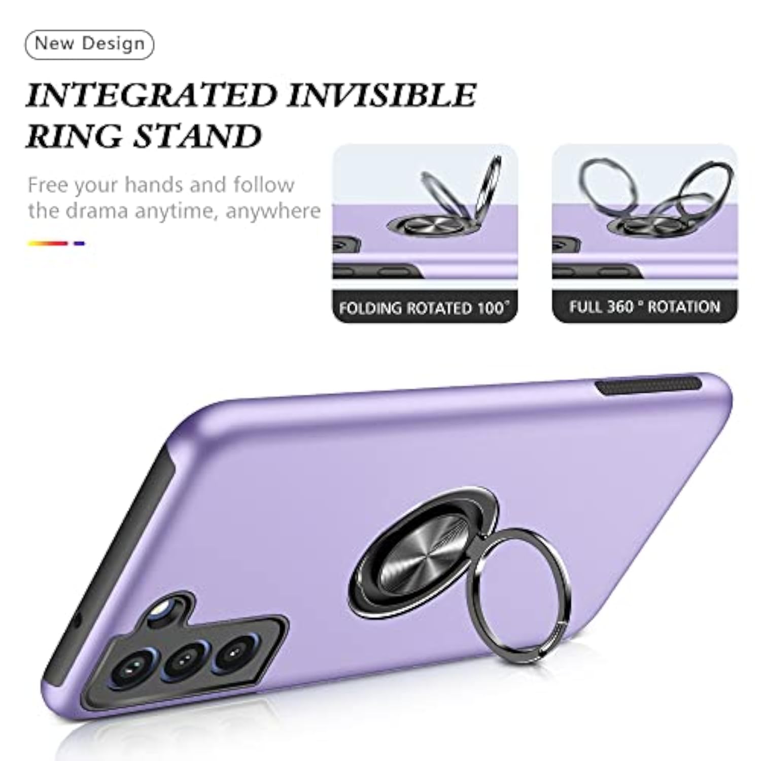 Purple Military Grade Phone Case with Reinforced Metal Stand Kickstand for Samsung Galaxy S22 5G, Includes Embedded Finger Ring and Magnetic Car Holder Support