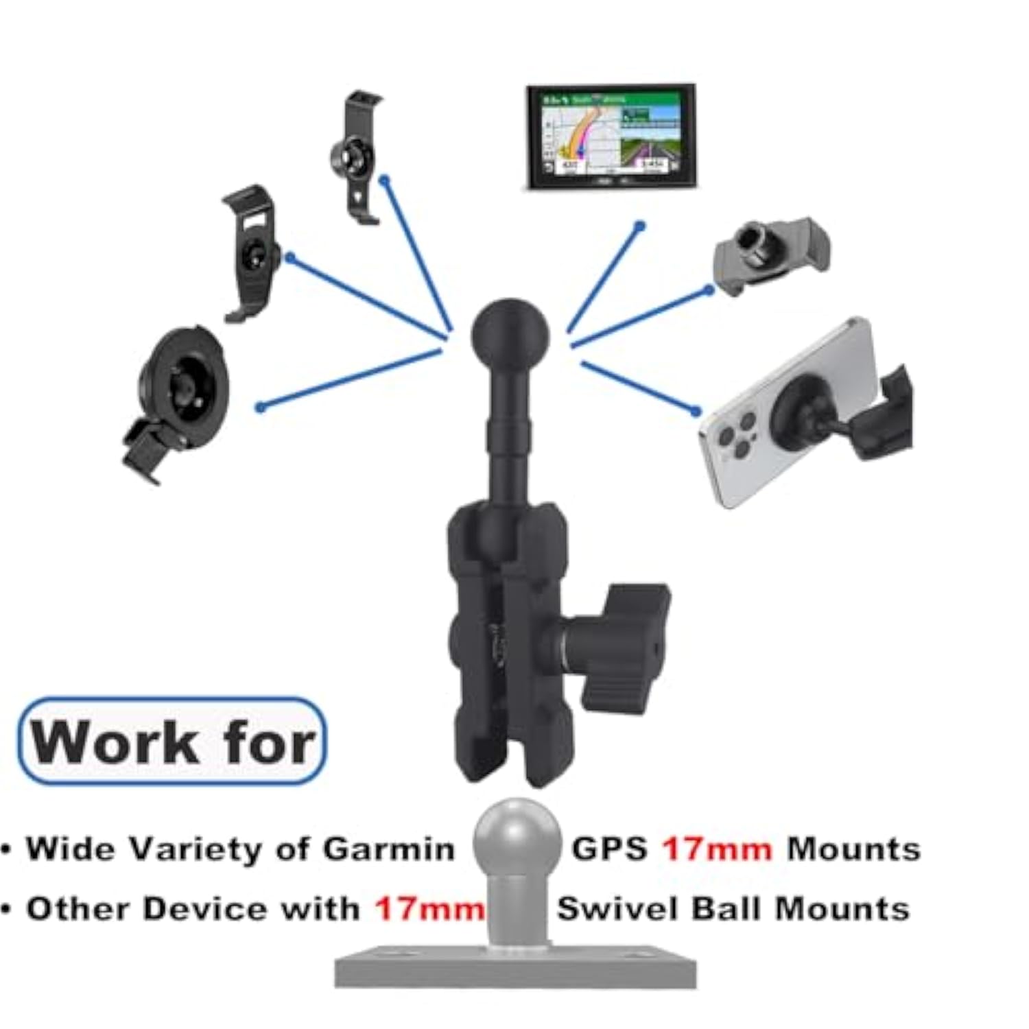 17Mm Ball Mount Extension Adapter, 360° Rotation Extension Rod For Jeep Car Air Vent Dashboard 17Mm Phone Holder, Compatible With Garmin Gps Mount, Aluminum