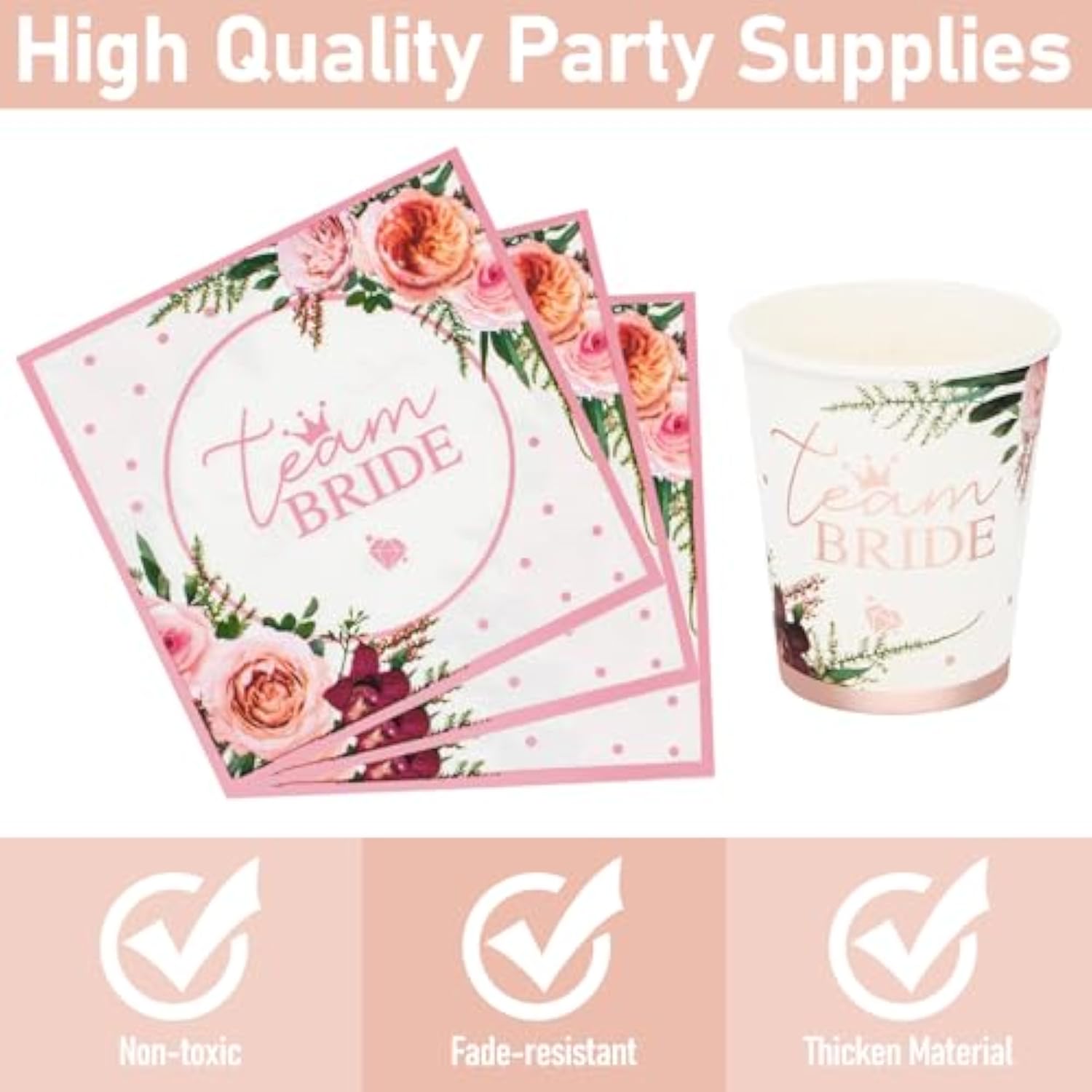 100 Pcs Floral Paper Plates, Bridal Shower Paper Plates And Cups And Napkins Sets Party Supplies For Wedding Bridal Shower Engagement, Serve For 25 Guests