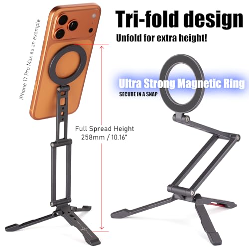 Ultra-Compact Magnetic Tripod Stand: Aluminum Phone Mount for iPhone 17/16/15/14/13/12 Pro Max, Adjustable Cellphone Holder with 1/4 Screw & Travel