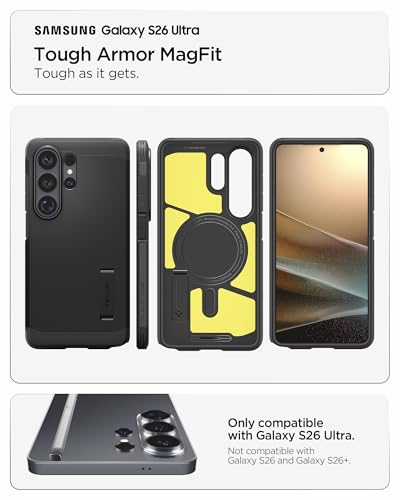 Spigen for Galaxy S26 Ultra Case, Tough Armor MagFit [Kickstand] [Compatible with MagSafe] [Military-Grade Protection] - Black