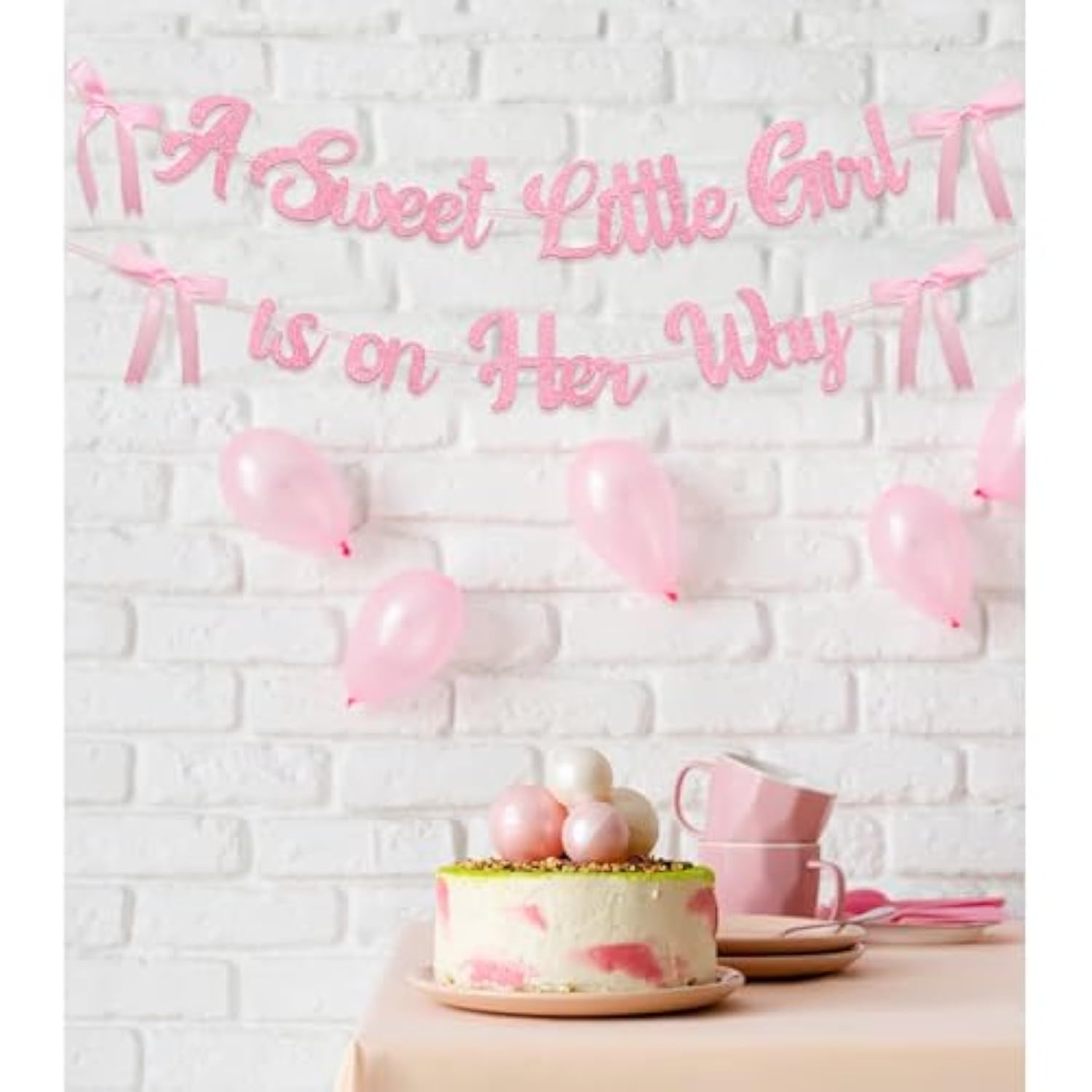 A Sweet Little Girl Is On Her Way Banner For Bow Baby Shower Decorations, Pink Glitter Baby Garland For Baby Girl Coquette Party Decor