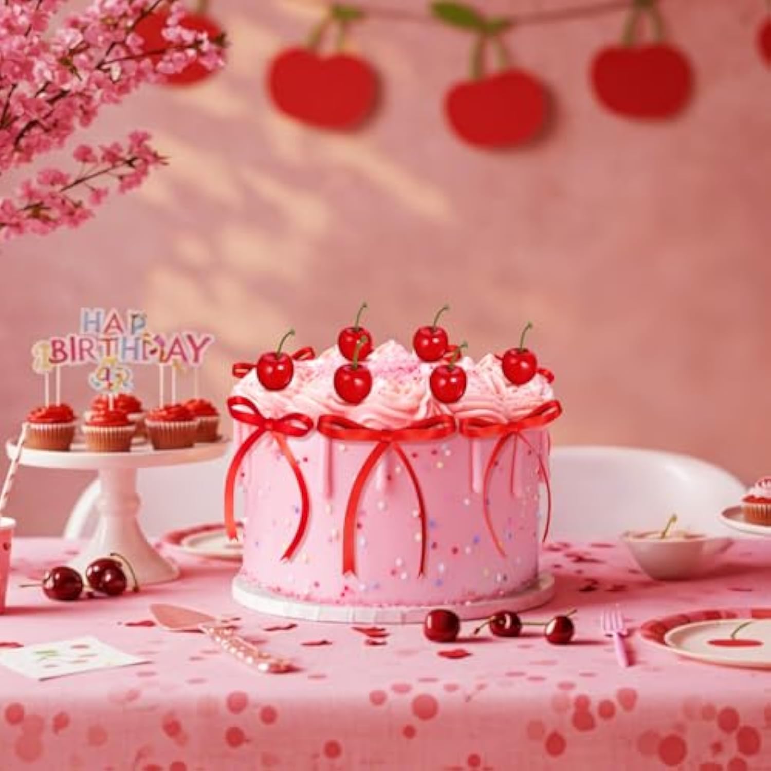 24 Pcs Cherry Cake Decorations And Bow Cake Toppers Artificial Fake Cherries Fruit Decor For Birthday Party Decorations Summer Bridal Wedding Party Supplies(Red)