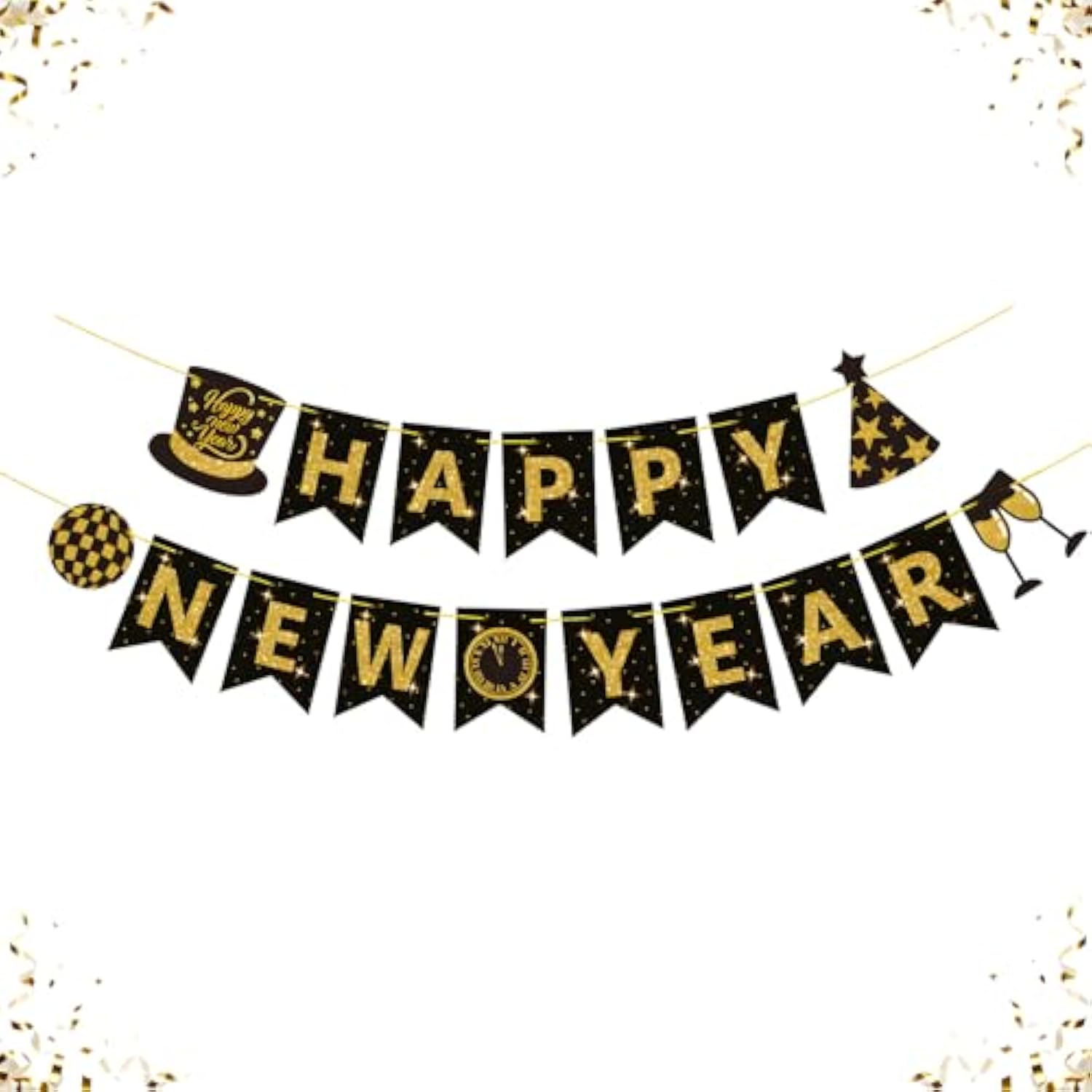 Happy New Year Banner 2026 Black Gold Party Supplies Backdrop Decorations