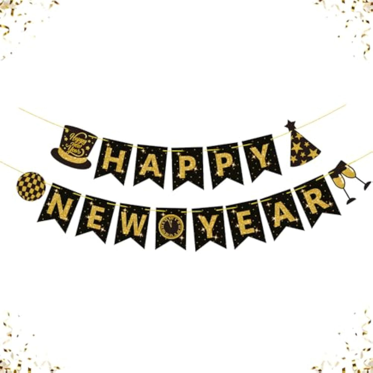 Happy New Year Banner 2026 Black Gold Party Supplies Backdrop Decorations