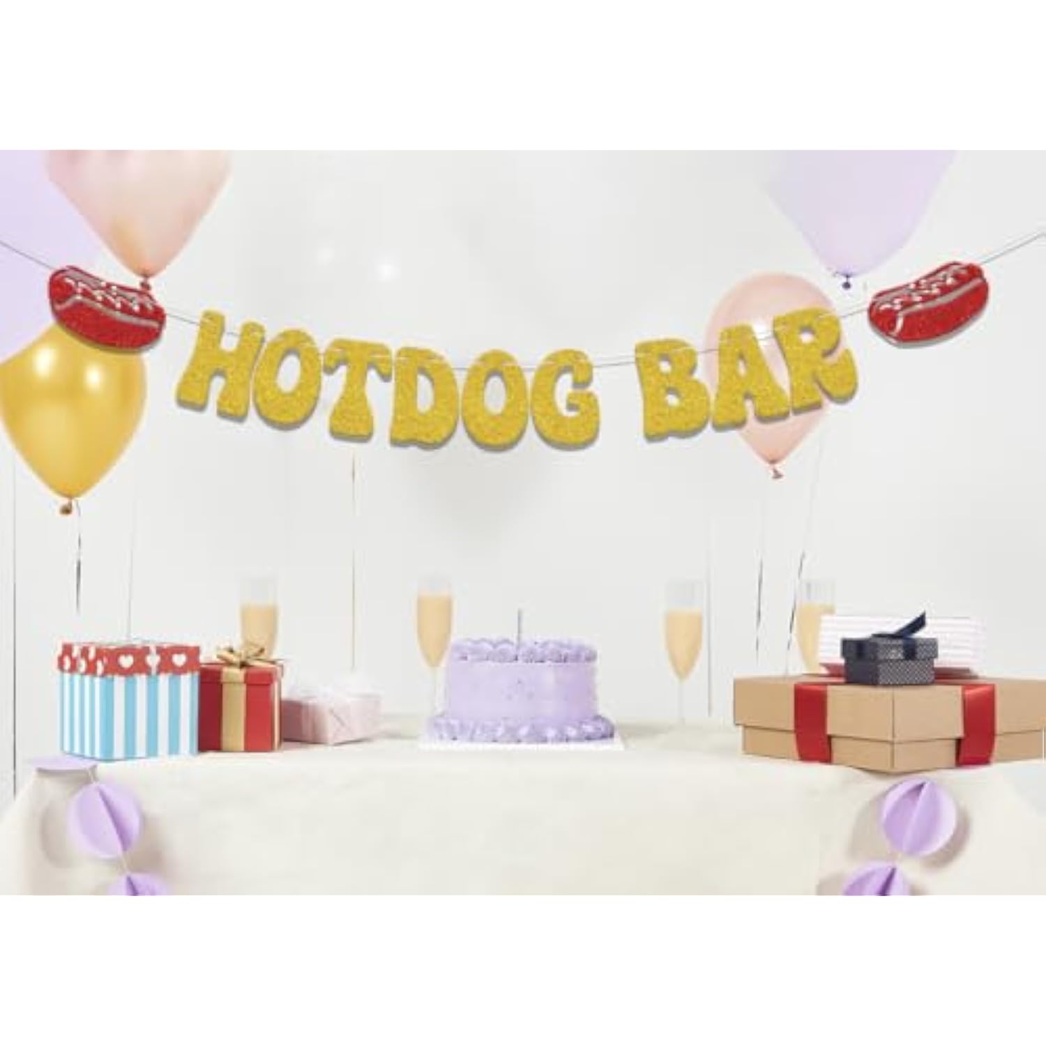 Hotdog Bar Banner,Hotdog Birthday Party Decorations,Fiesta Birthday Food Party Decor,Build Your Own Hot Dog Sign,Flaming Hot Dog Sausage Home Party Supplies Gold Red