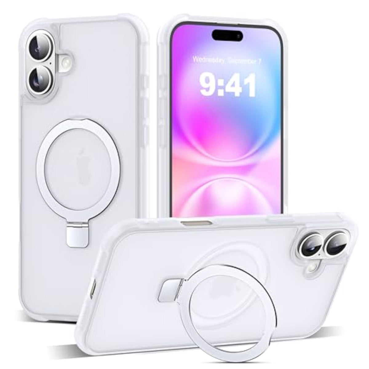 Compatible With Iphone 16 Plus Case With Invisible Magnetic O-Ring Stand Military-Grade Phone Case For Iphone 16 Plus 6.7" [Compatible With Mag-Safe][Great Grip Feeling],Translucent