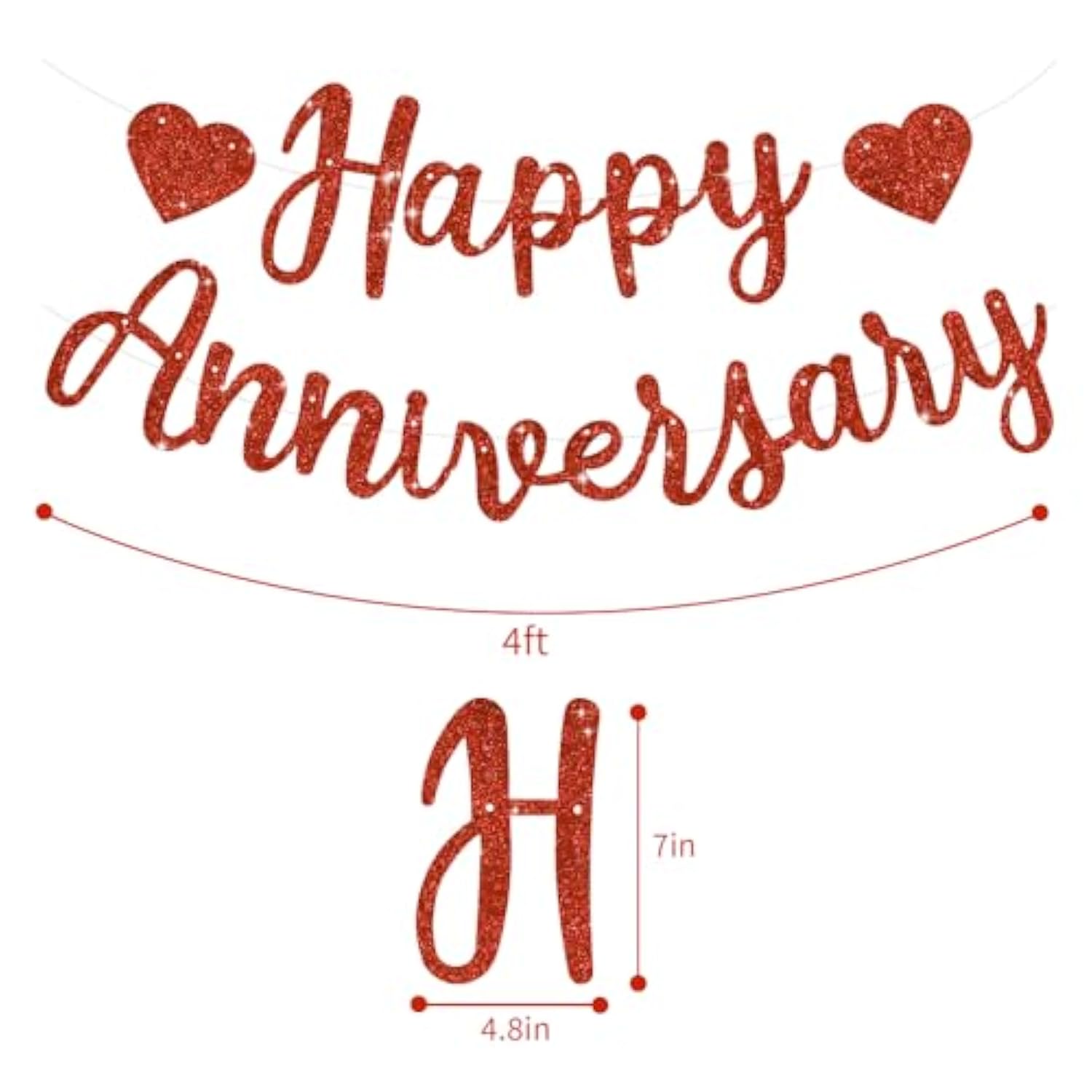 Red Happy Anniversary Banner, Pre-Strung - Red Glitter Happy Anniversary Banner?No Diy - Red Glitter Happy Anniversary Garland, Red Happy Anniversary Sign For Anniversary Wedding Party Decorations & Decor