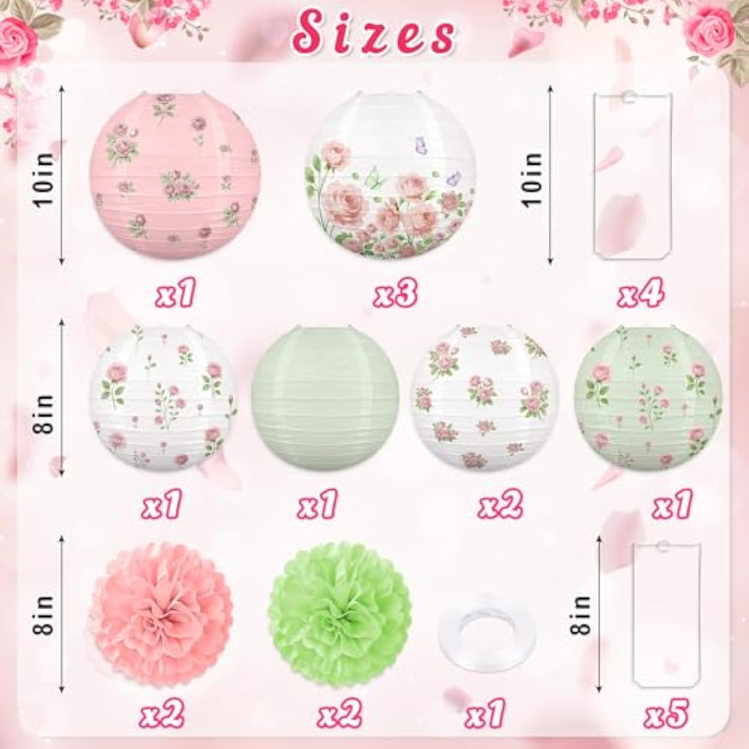 13Pcs Spring Wildflower Bridal Shower Party Decorations Rose Paper Lanterns Pom Poms Valentines Day Garden Home Indoor Outdoor Decor