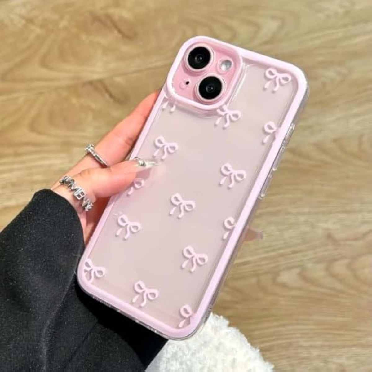 iPhone 15 Clear Bow Ribbon Case Pink Slim TPU Camera Protection