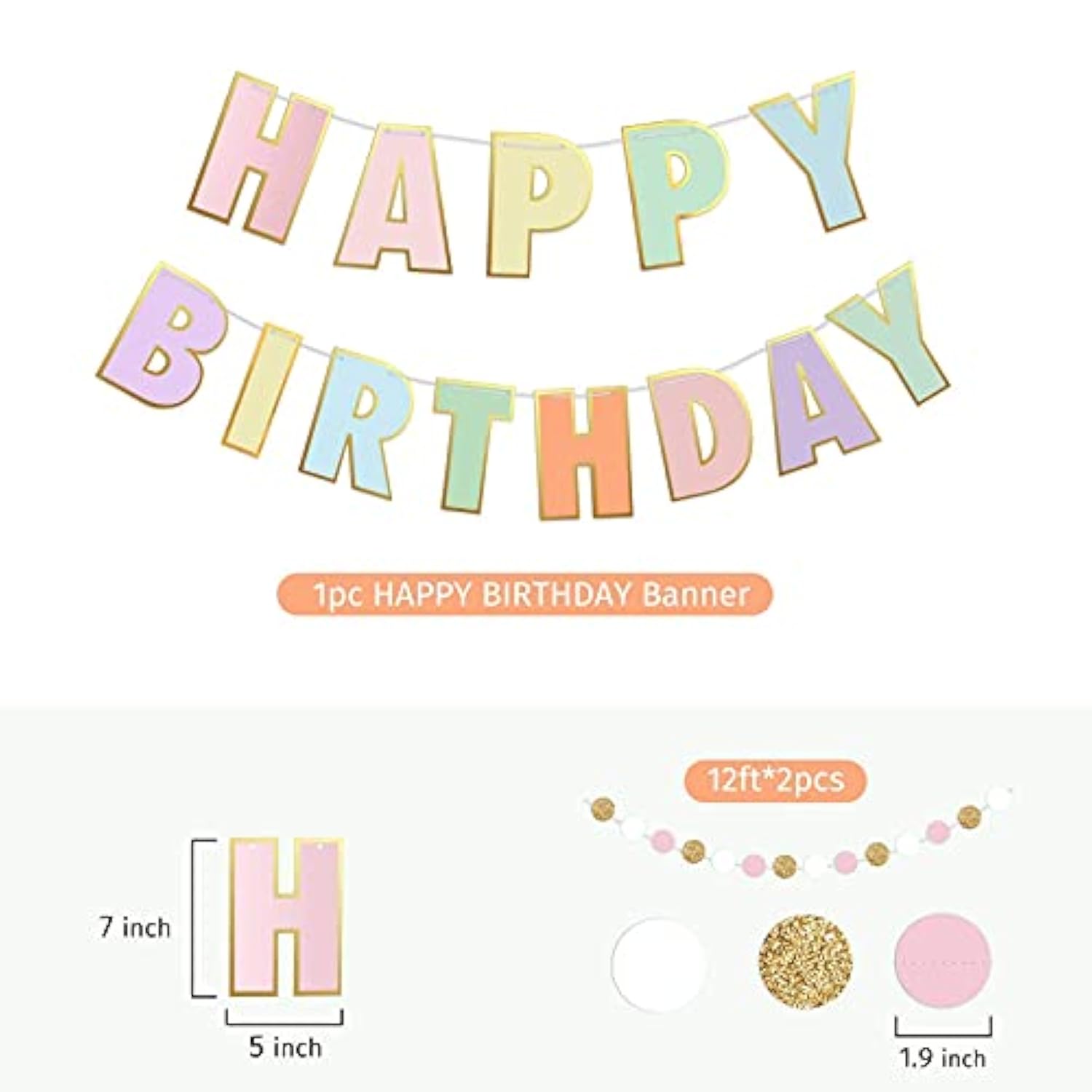 Pre-Strung Pastel Happy Birthday Banner & Dot Garland for Toddler Girls Party