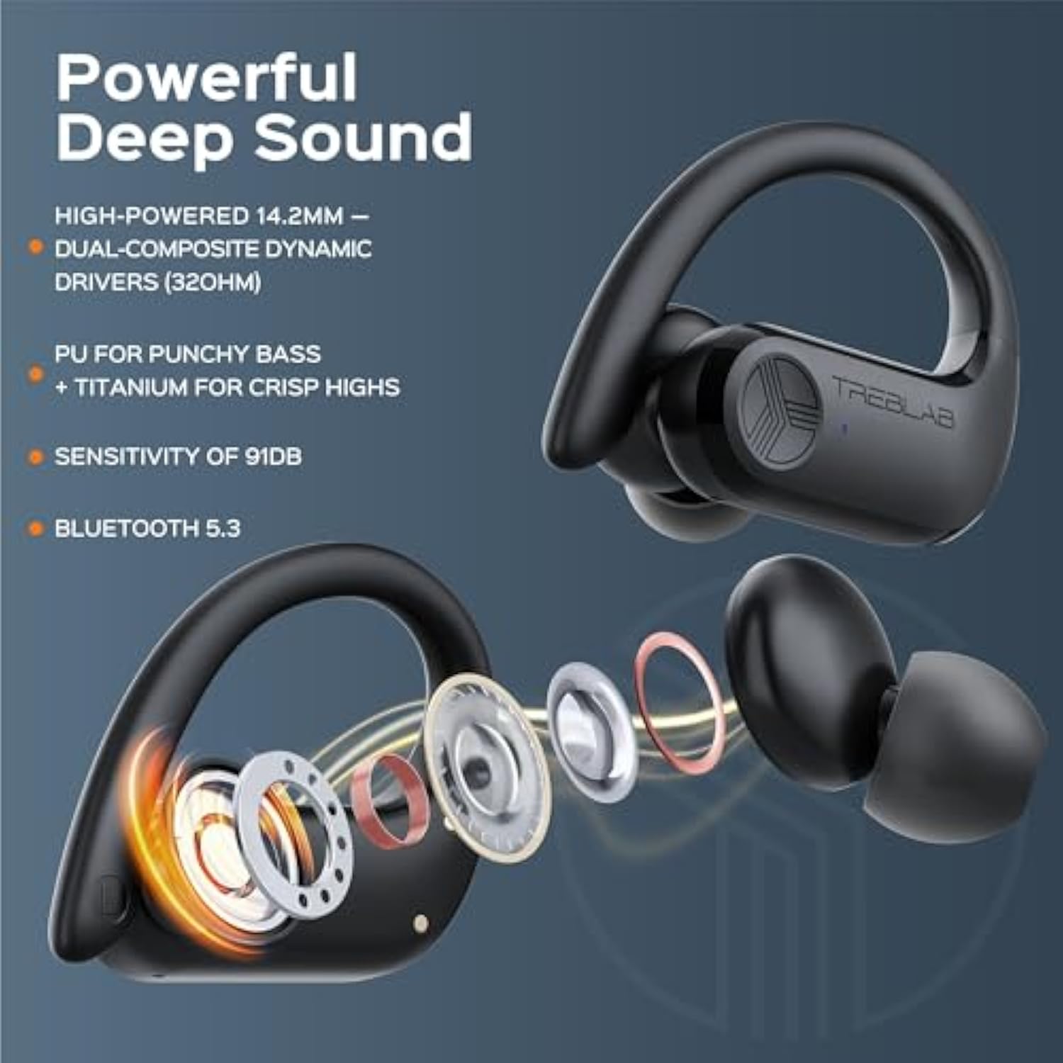 TREBLAB X3 Pro - Workout True Wireless Earbuds, Comfortable Earhooks, Bluetooth 5.3, Punchy Bass, Noise Isolation, 145H Playtime, IPX5 Waterproof, Sweatproof, 2 Mics for Calls, Sport Bluetooth Earbuds