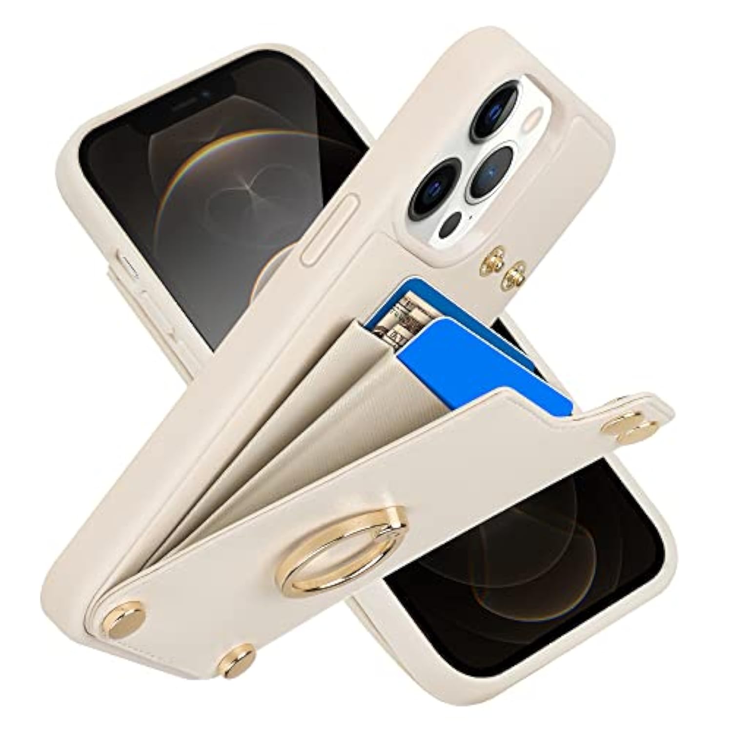 For 12 Pro/12 Wallet Case 6.1'', Leather Case With Card Holder, 360°Rotation Ring Stand, Rfid Blocking Protective Cover For Women For 12/12 Pro Beige