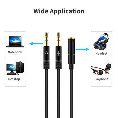 Headphone Splitter for Computer 3.5mm Female to 2 Dual 3.5mm Male Headphone Mic Audio Y Splitter Cable Smartphone Headset to PC Adapter(100CM, Black)