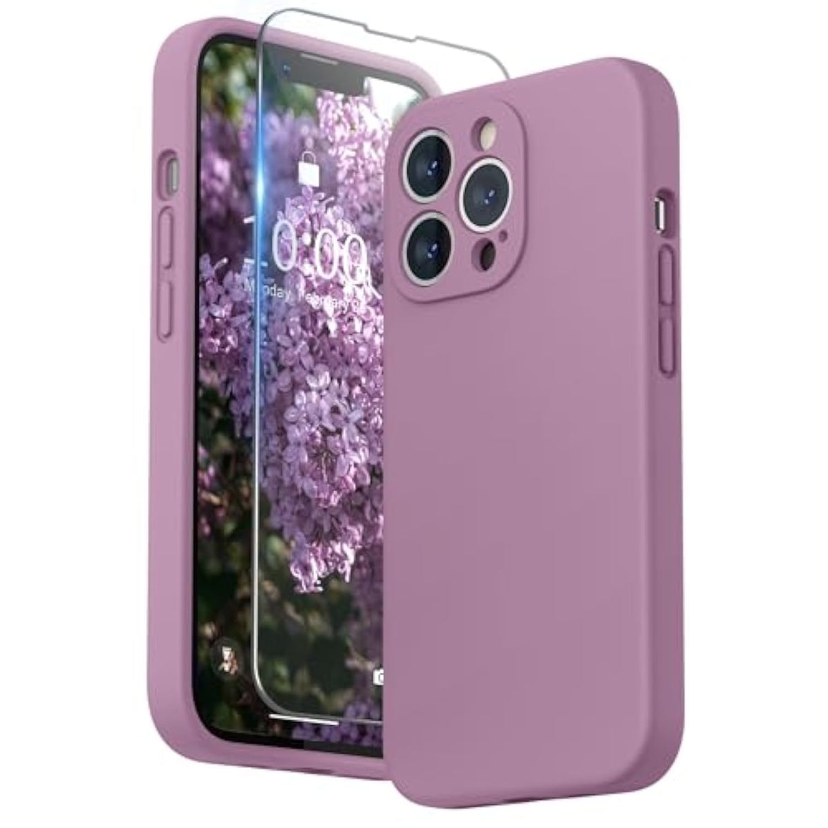 Compatible With 13 Pro Case With Screen Protector, (Camera Protection & Soft Microfiber Lining) Liquid Silicone Phone Case 6.1 Inch 2021, Lilac Purple