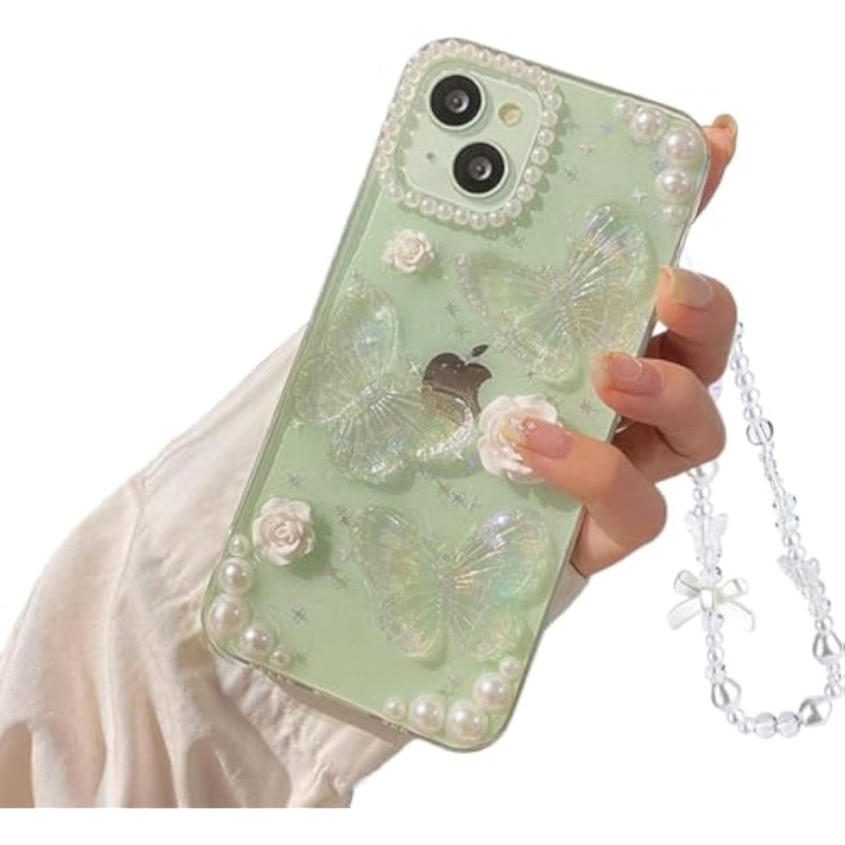 Compatible For Iphone 15 3D Butterfly Floral Clear With Design Aesthetic Women Teen Girls Glitter Pretty Crystal Sparkle Sparkly Cute Girly Phone Cases Protective Cover+Pearl Chain-Clear