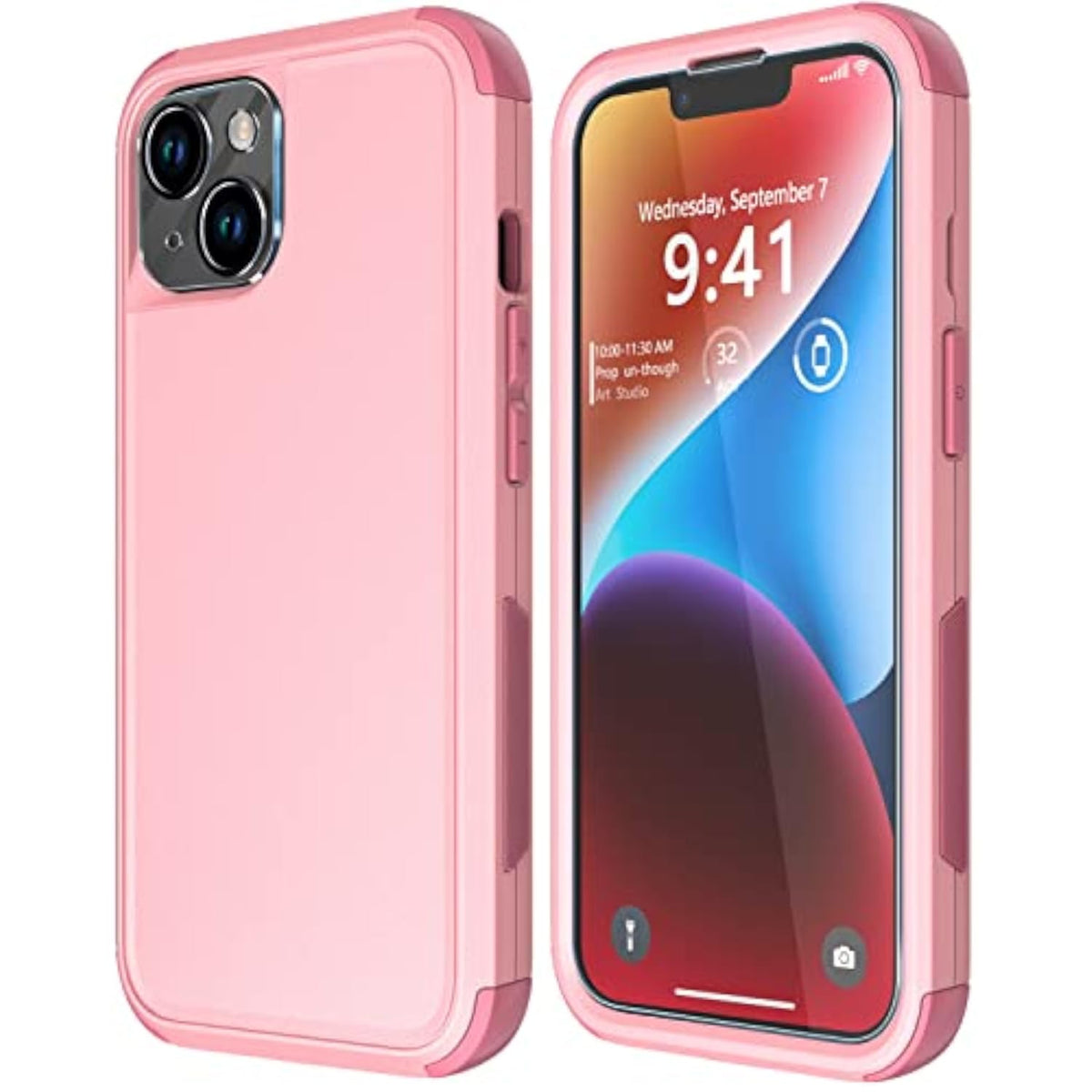 Heavy Duty Protection Phone Case Cover for Apple iPhone 14 with Tempered Glass Screen and Camera Lens Protector, Pink