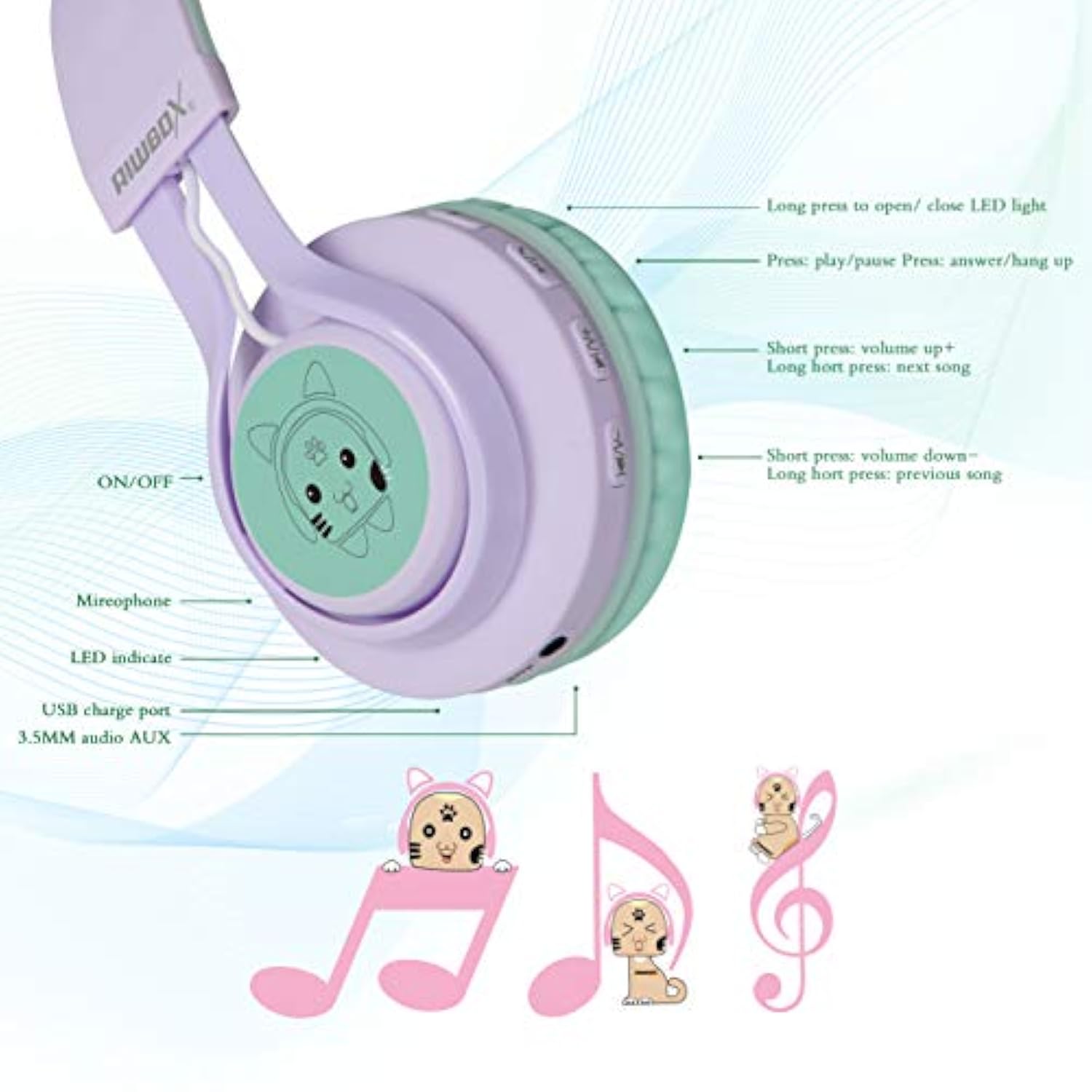 Kids Wireless Headphones, Ct-7S Cat Ear Bluetooth, 85Db Volume Limiting, Led Light Up Over Ear With Microphone For Laptop/Pc/Tv (Purple&Green)