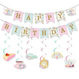 Floral Tea Party Decorations - Happy Birthday Banner, Hanging Swirls, For Girls Spring Summer Flower Theme Party Supplies