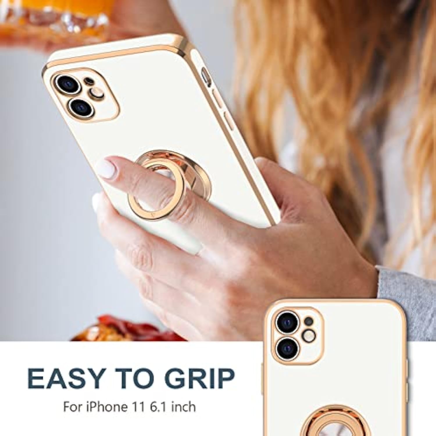For Iphone 11 Case With Ring Stand [360°Rotatable Ring Holder Magnetic Kickstand] [Shiny Plated Rose Gold Edge] Slim Soft Tpu Cover Luxury Protective Phone Case For Women Men, White