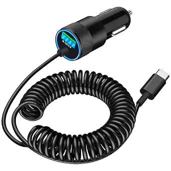 75W USB C PD QC Car Charger with 6FT Coiled Cable Fast Charging Adapter