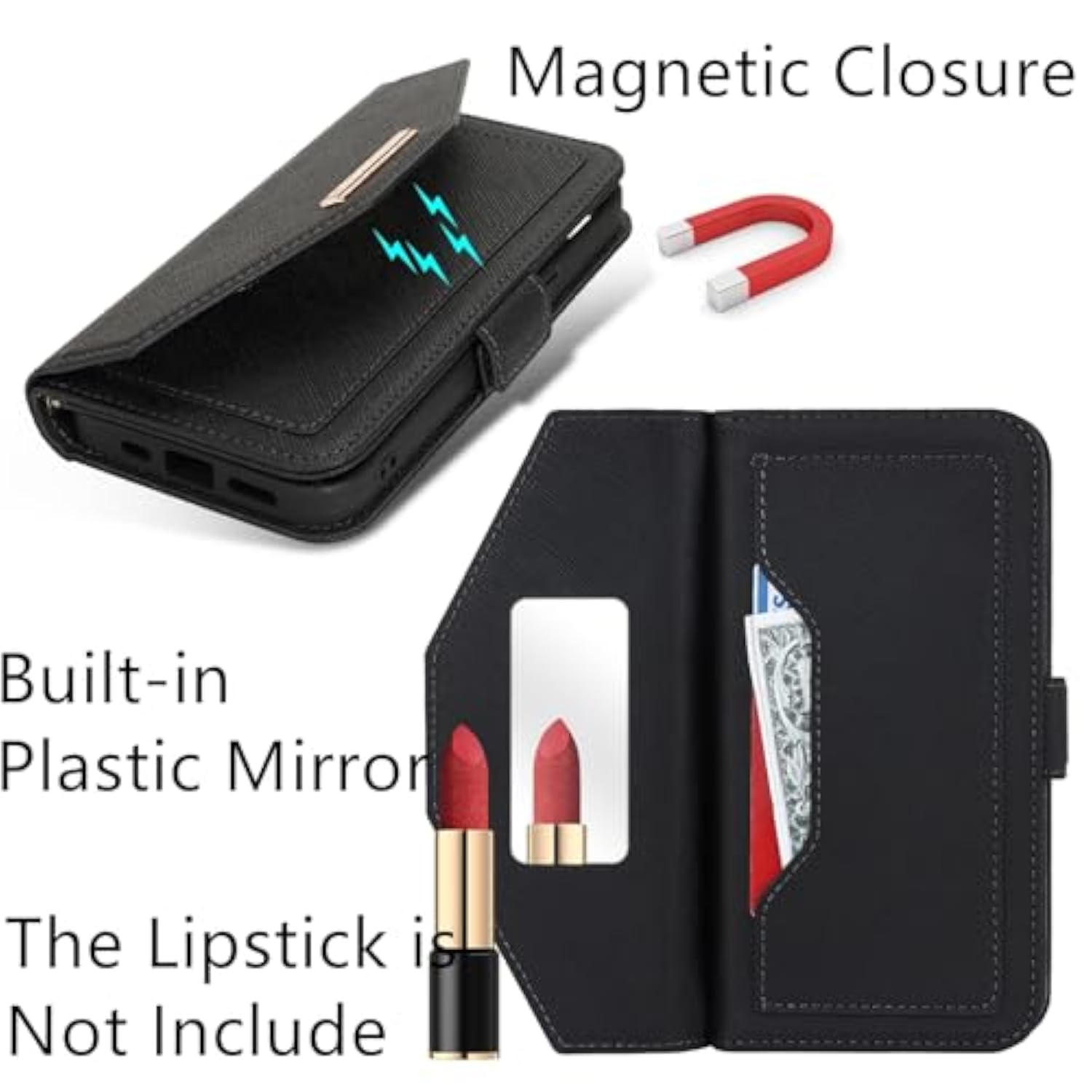 Crossbody Wallet For Iphone 16E Case With Strap,2025,Credit Card Holder,Adjustable Shouler Lanyard, 6.1",Pu Leather Handbag Purse Kickstand Make Up Mirror Cover Case For Women Girl,Black