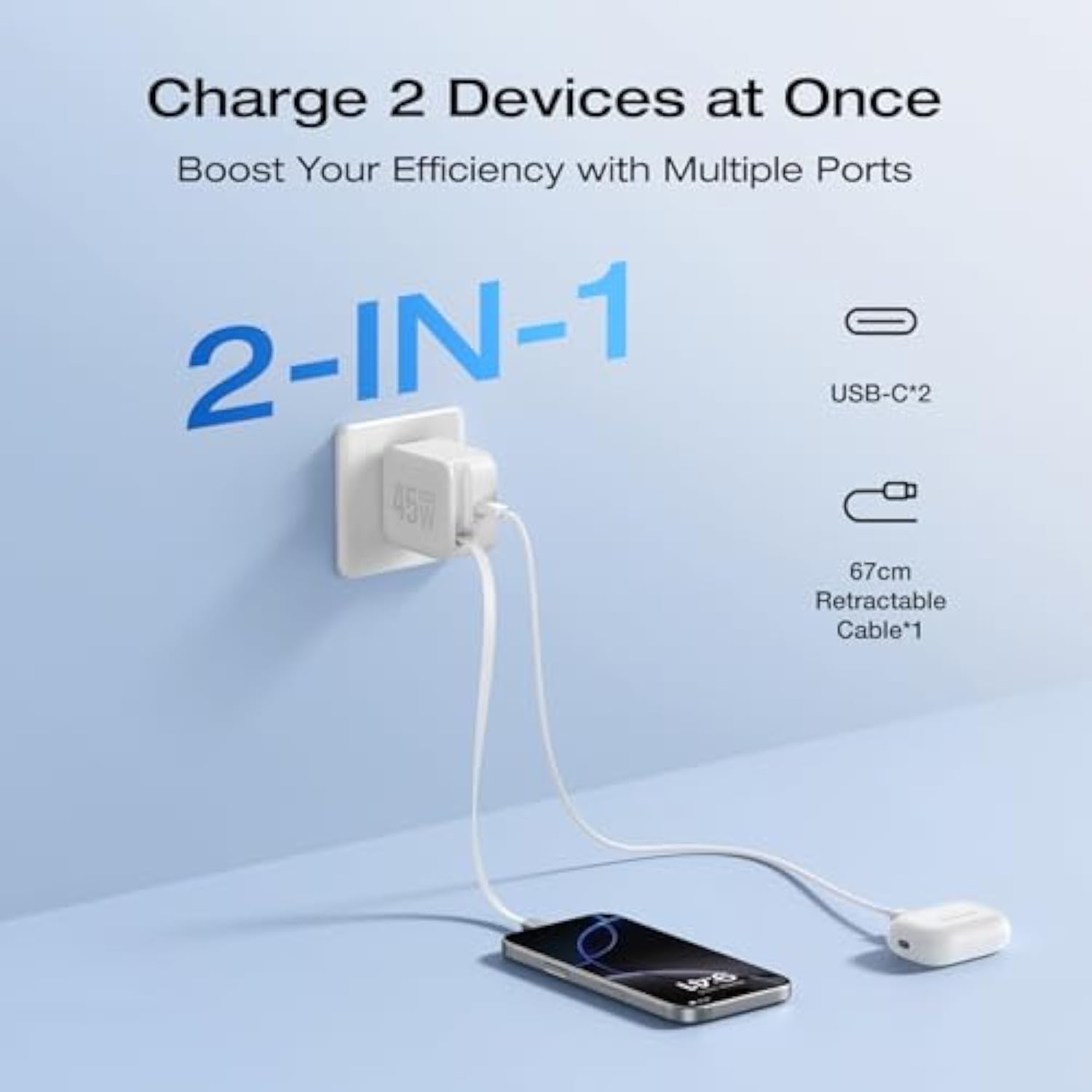 45W Usb C Charger With Retractable Cable, 3-In-1 Gan Phone Charger With Type C Cable, 2-Port Fast Charger Compatible With Iphone 16 Pro Max, Ipad Pro/Air, Galaxy S25, Steam Deck (White)