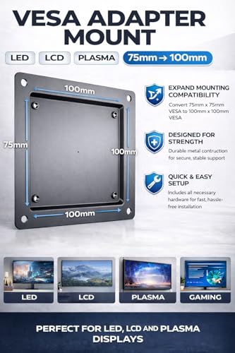 - VESA Adapter Mount for LED, LCD, or Plasma (75mm to 100mm, Hardware Screws Included)