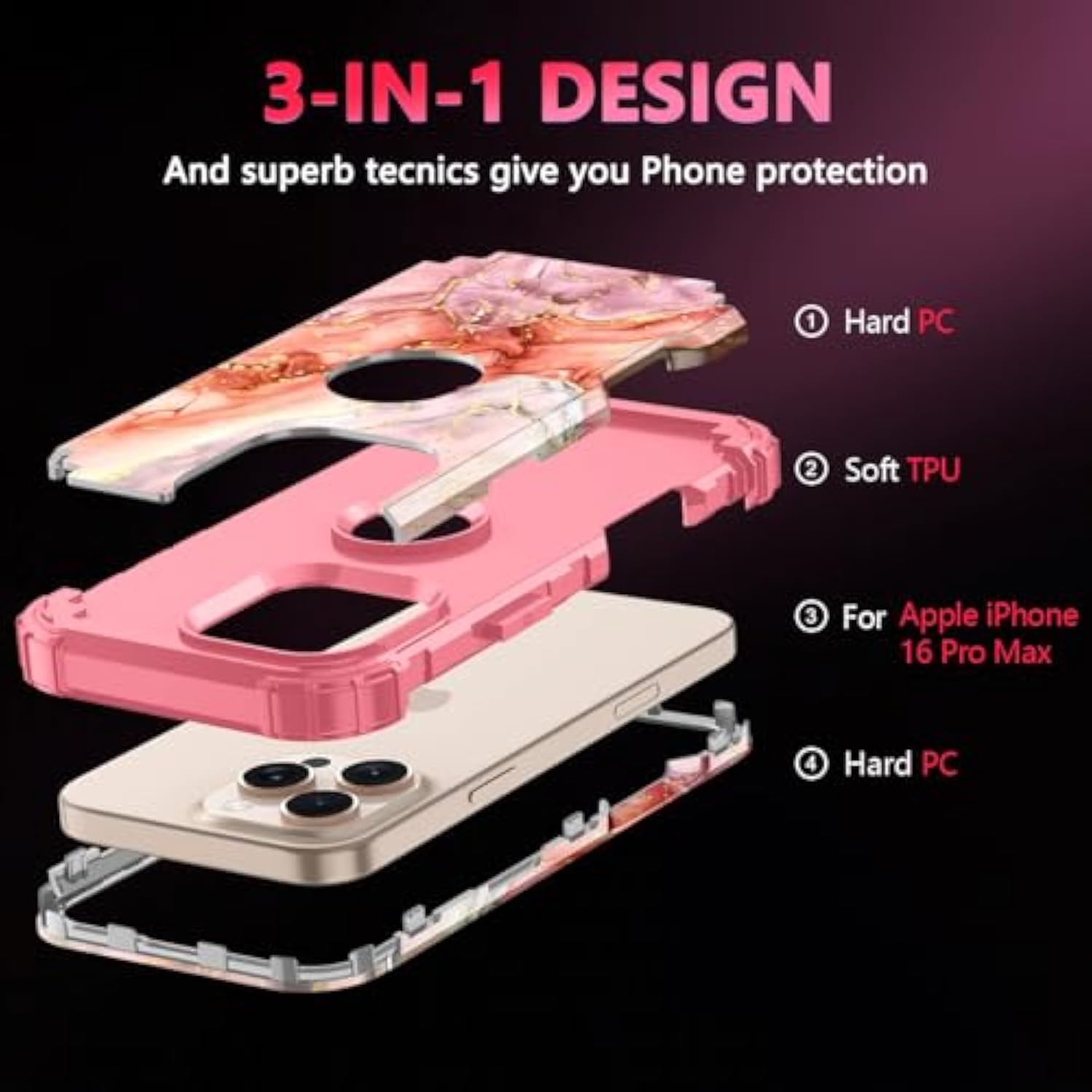 For Iphone 16 Pro Max Case,Three Layer Heavy Duty Sturdy Shockproof Protection Full Rugged Hard Pc+Soft Tpu Bumper Protective Girls Case For Apple Iphone 16 Pro Max 6.9 Inch,Gold
