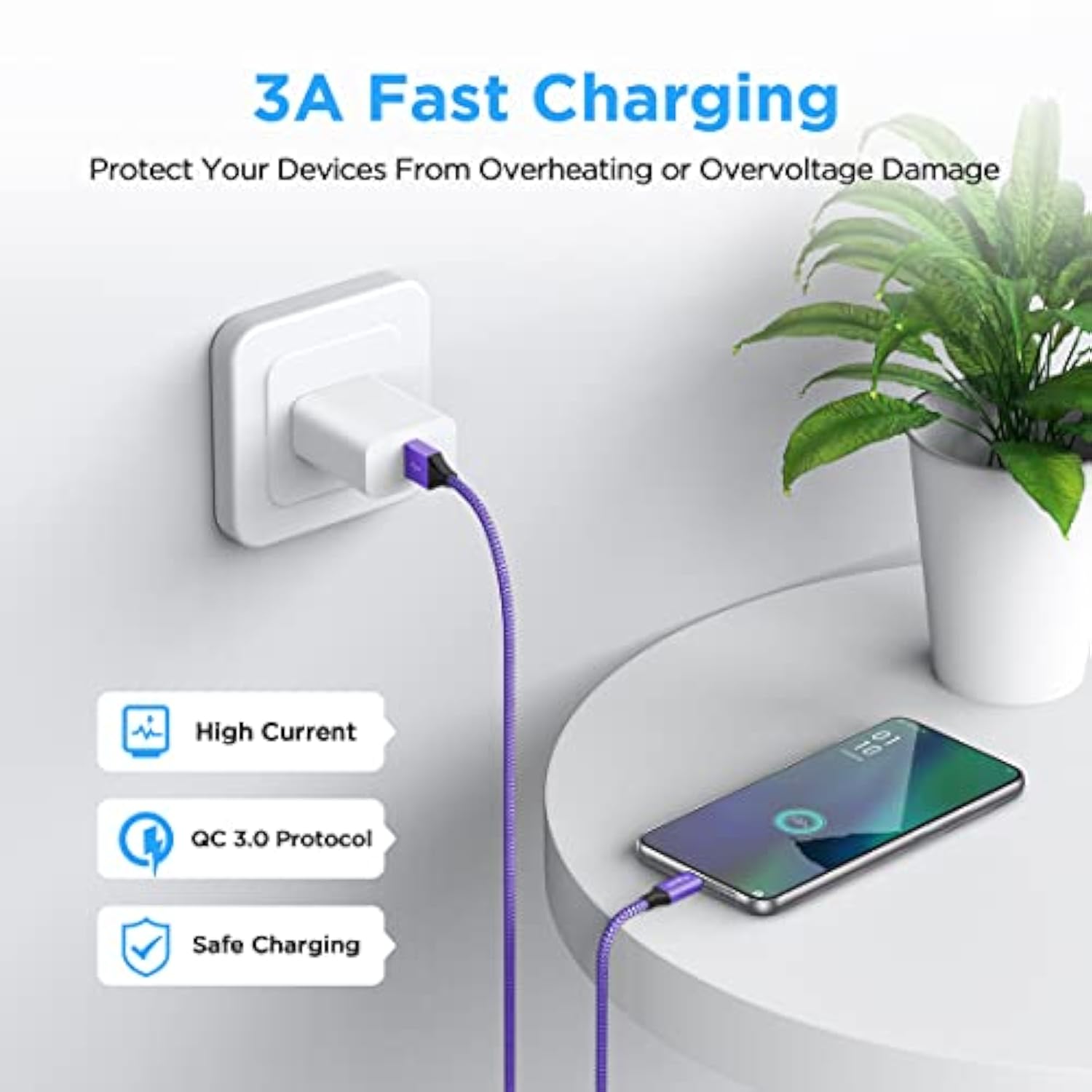 Purple Usb C Cable 3.3Ft Fast Charging, 2-Pack Type C Cable Braided Usb To Usb