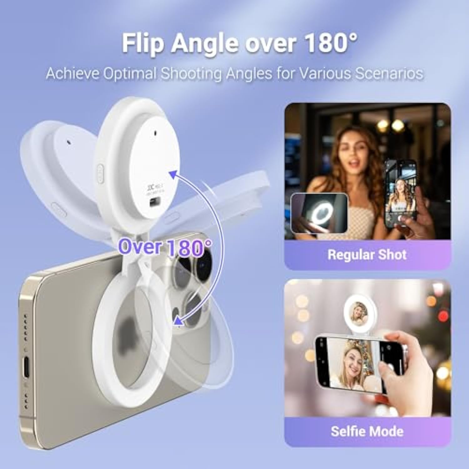JJC Magnetic Phone Selfie Ring Light, Rechargeable Cell Phone Light with 3 Light Modes/3 Brightness Levels, 180 Flip & Built-in Mirror Design Phone Fill Light for Vlog Live Streaming