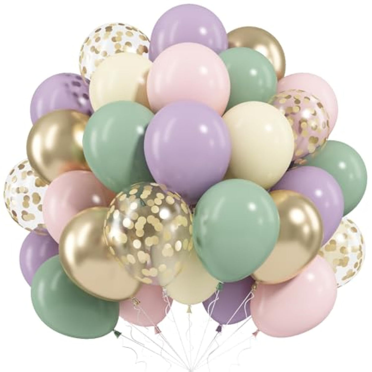 Dusty Green Purple Pink Balloon, 60 Packs 12 Inch Lavender Pastel Pink Balloon Metallic Gold Confetti Balloons For Baby Shower Wedding Tea Wildflower Birthday Party Decorations