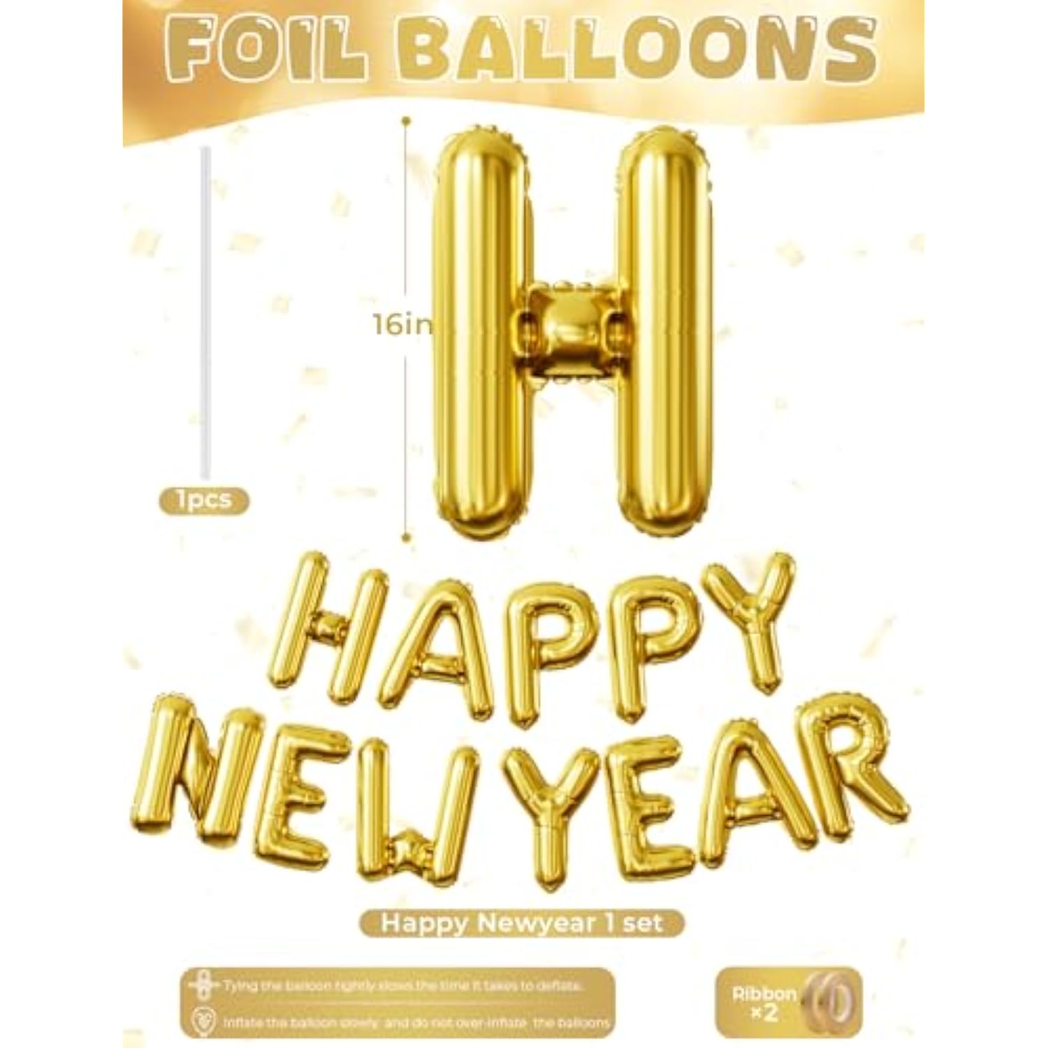16in Gold Happy New Year Foil Balloon with Straw and Ribbon for NYE Decor