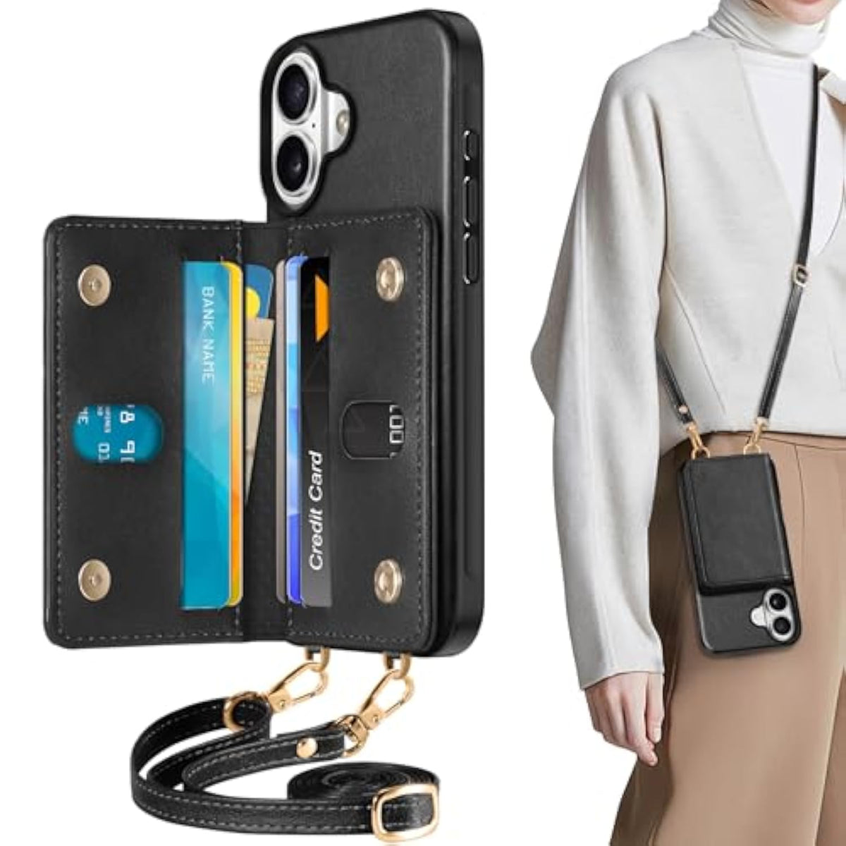 TUCCH Crossbody Wallet Case for iPhone 16 (6.1") 2024, RFID Blocking [6 Card Slots][Detachable Adjustable Lanyard], Magnetic Closure Flip Wallet PU Leather Shockproof Phone Cover for iPhone 16, Black