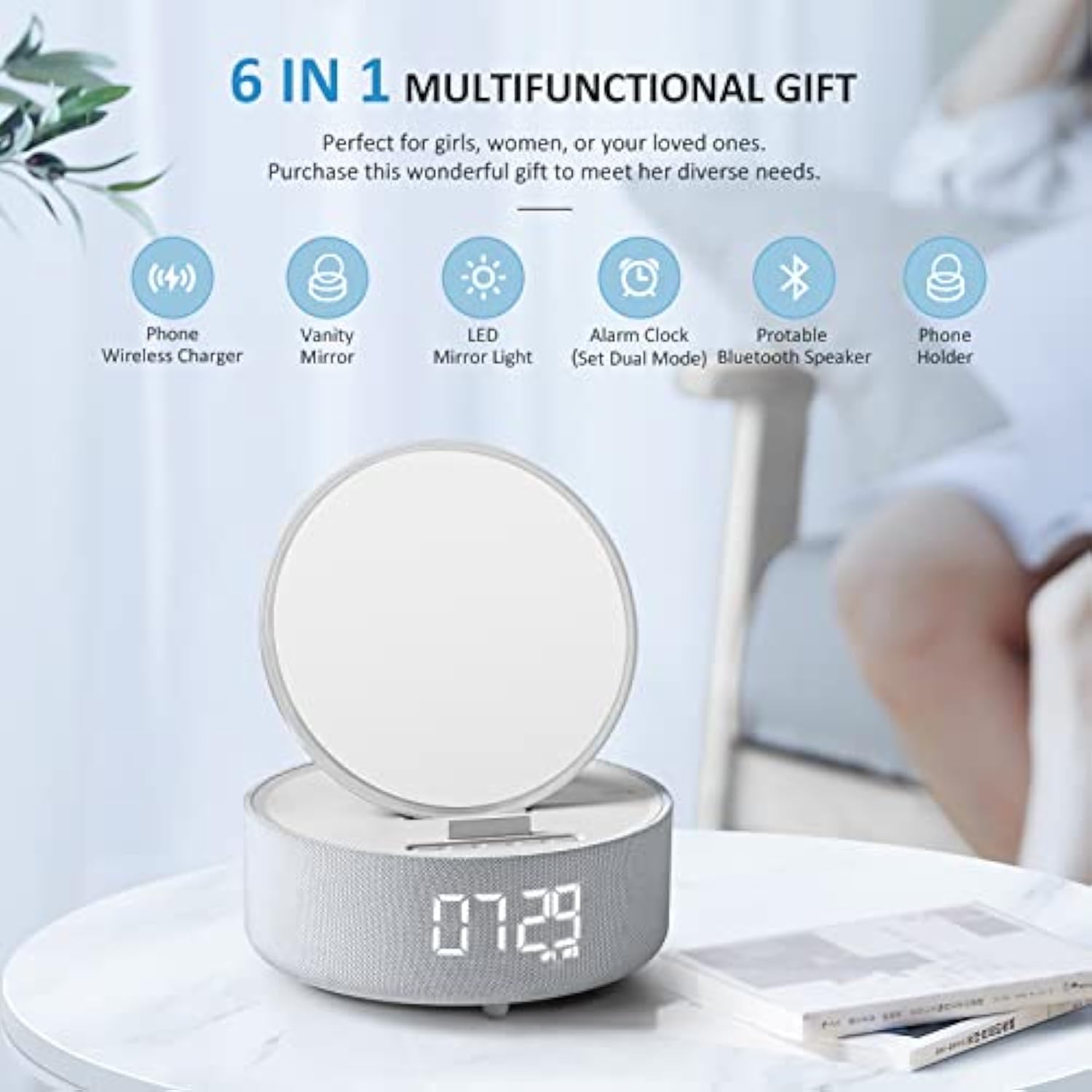 Bluetooth Speaker With Alarm Clock, ?2024 Newest Gifts? Wireless Speaker Charger For Iphone/Samsung, Mirror Clock, Wireless Bedside Lamp, Music Gifts For Men, Women, Teenage Girls, Boys