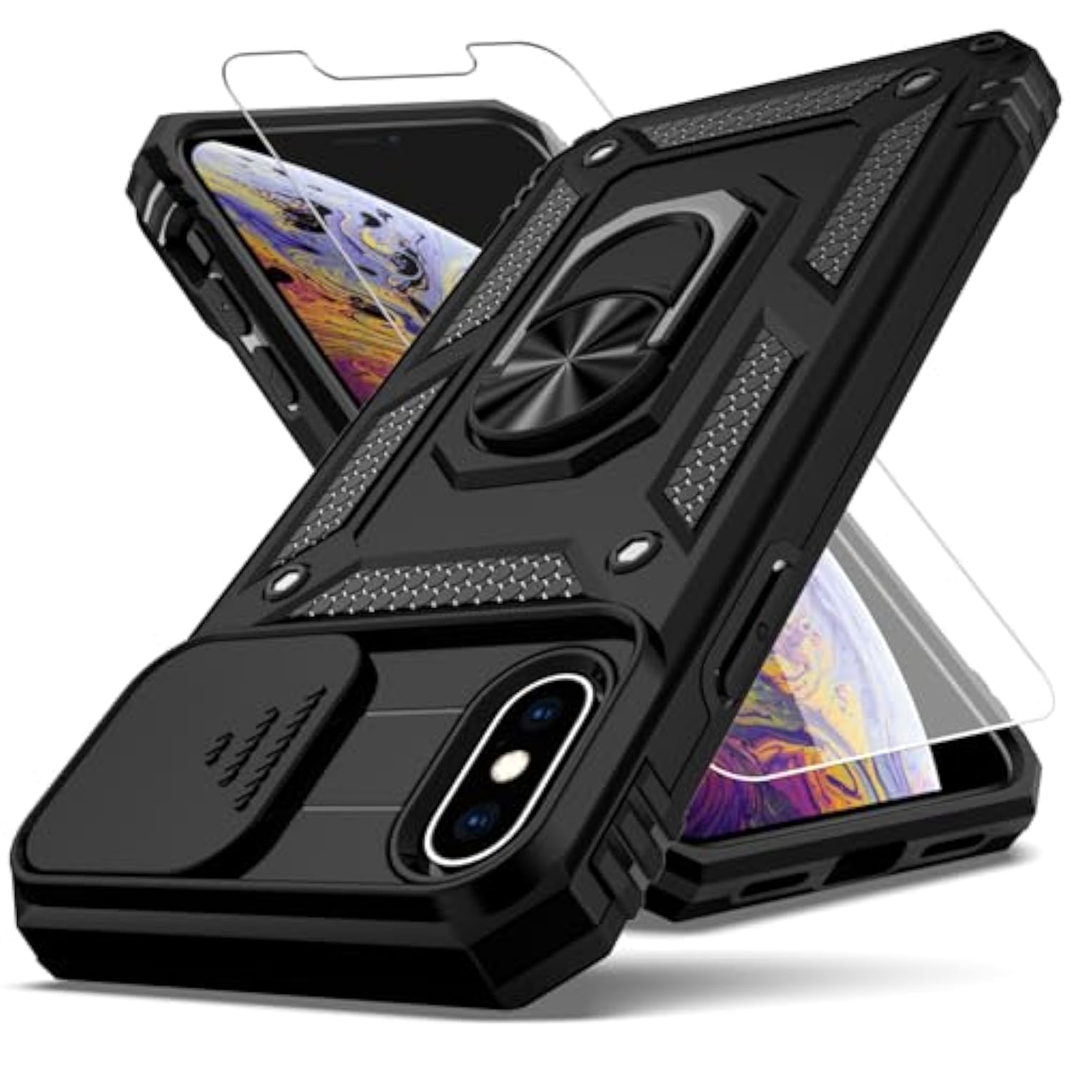 For Iphone X Case,Iphone Xs Case,With Slide Camera Cover Hd Screen Protector,[Camera Protection] [Magnetic Rotate Kickstand] Military Grade Shockproof Heavy Duty Protective Cover-Black