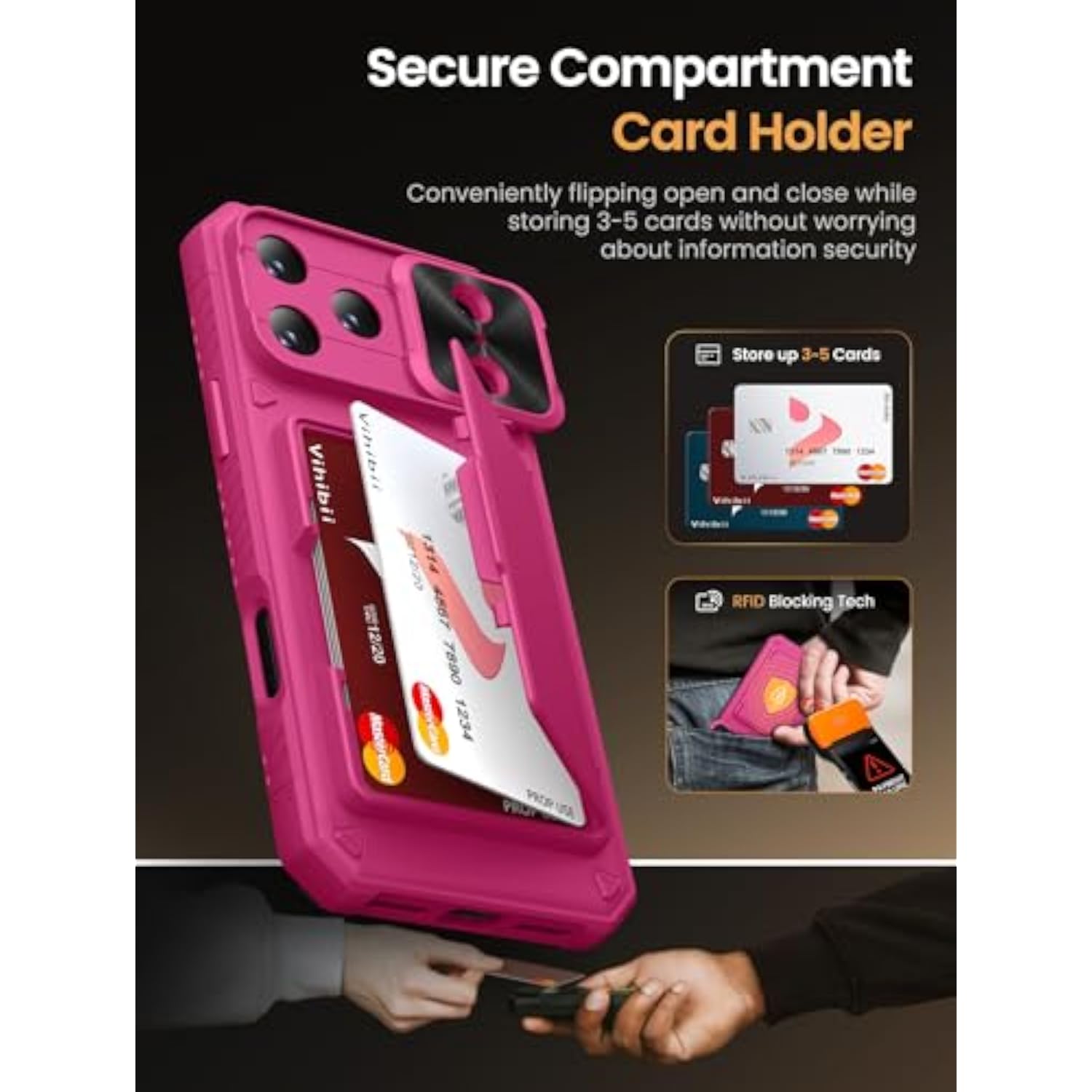 Hot Pink iPhone 17 Pro Max Case Wallet with 4-Card Holder