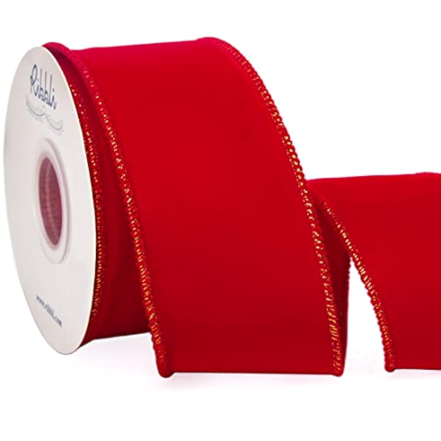 Red Velvet Wired Ribbon,Velvet Ribbon With Gold Metallic Edge, 2-1/2 I