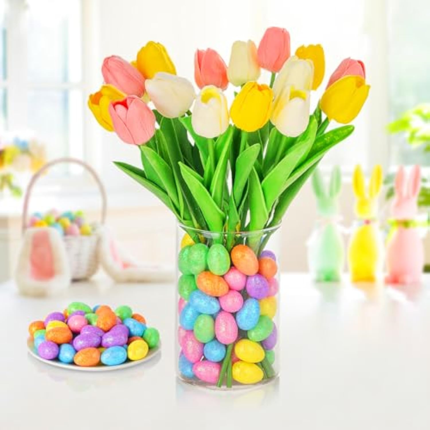Easter Decoration-Tulips Vase Filler Set With Eggs, Table Tulips Vase Stuffer, Floral Arrangement For Spring Home Kitchen Party Table Centerpieces Décor