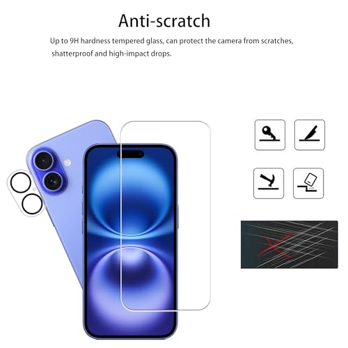 Screen Protector For iPhone 16 Tempered Glass 2-Pack Camera Lens Protector Film 2-Pack With Easy Alignment Tool