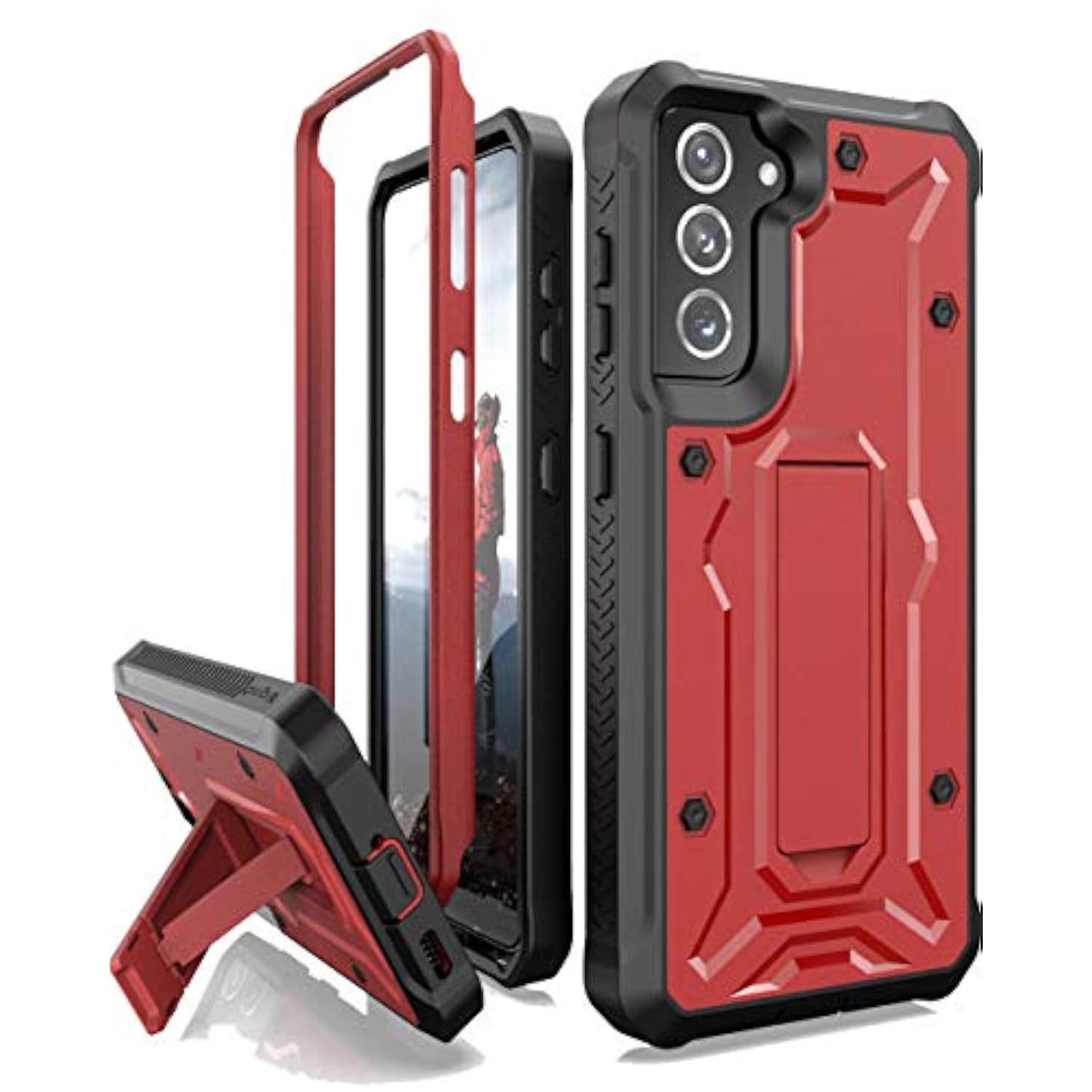 Vanguard Compatible With Samsung Galaxy S21 Plus Case, Military Grade Full-Body Rugged With Built-In Kickstand [Screenless Version] (Red)