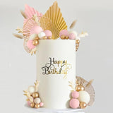 Boho Cake Topper Golden Ginkgo Leaves Cake Decorations With Paper Fans White Gold Balls For Wedding Baby Shower Woman Birthday Boho Themed Party Supplies (Pink)