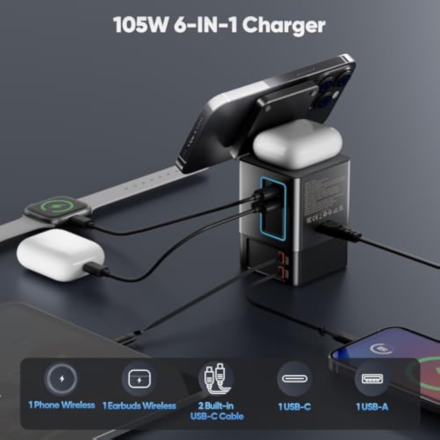 6-In-1 Charging Station For Apple 105W, Magnetic Wireless Charger With 65W Retractable Cable, Wireless Charger Stand, Fast Charging Stand Dock For Magsafe, Iphone16-13 Series, Airpods, Laptops