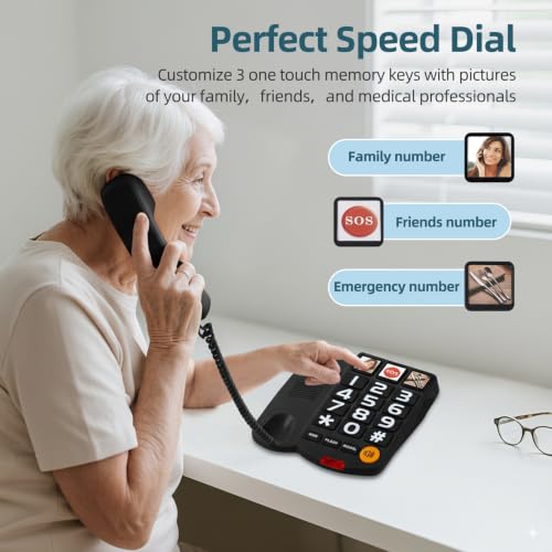 Extra-Loud (110Db) Landline Phone For Seniors & Hearing Impaired - Hearing Aid Compatible, Large Button Corded Phone With 3 Photo Speed Dial, Speakerphone,Easy For Alzheimers Visually Impaired - Black