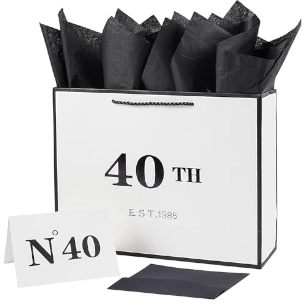 40th Birthday Black White Gift Bag with Card Tissue Paper Metallic Keepsake