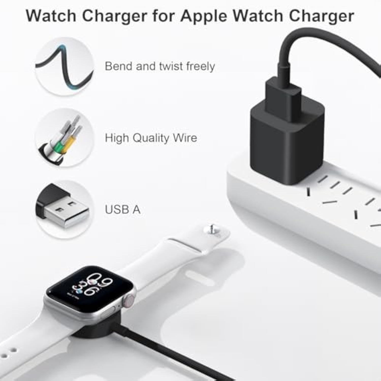 [Apple Mfi Certified] Apple Watch Charger, Magnetic Iwatch Charger 3.3Ft Fast Charging Cable Usb A Wall Plug Adapter For Apple Watch Series Se/Se2/9/8/7/6/5/4/3/2/1 (White)