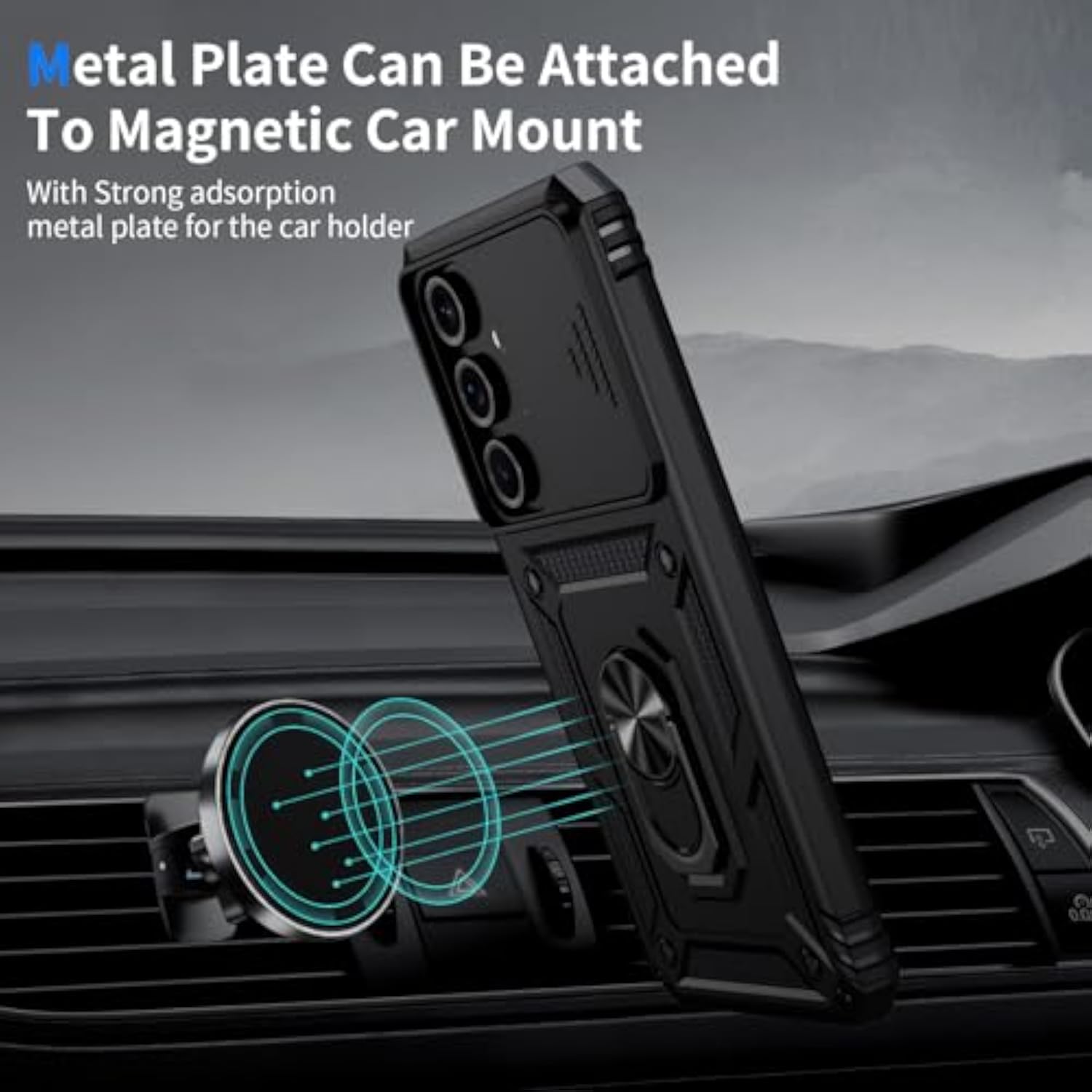 Samsung Galaxy S23 Case with Camera Lens Cover, 10 FT Military Grade Drop Protection, Magnetic Ring Holder Kickstand Protective Phone Case, Black