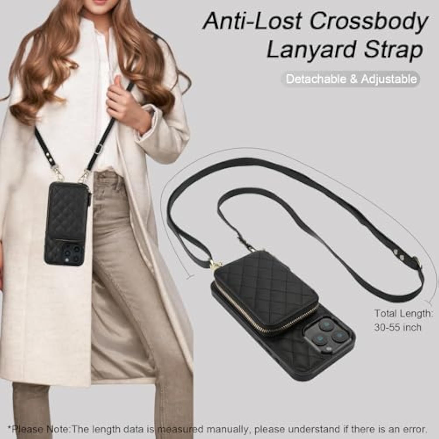 Crossbody Wallet Case For 16 Pro Max, Rfid Blocking Pu Leather Zipper Handbag Purse Flip Cover, Kickstand Folio Case With Card Slots Holder Wrist Strap Lanyard 5G 6.9 Inch (Black)