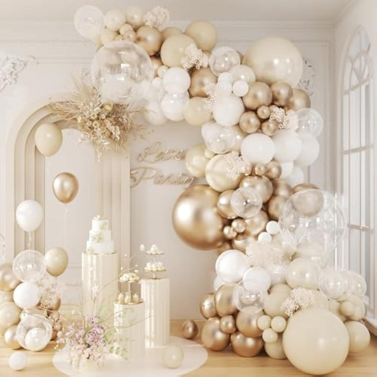Beige White Metallic Gold Balloon Garland Arch Kit, Metallic Gold Sand Pearl White Clear Balloons For Engagement Bridal Baby Shower Wedding Anniversary Birthday Party Decorations