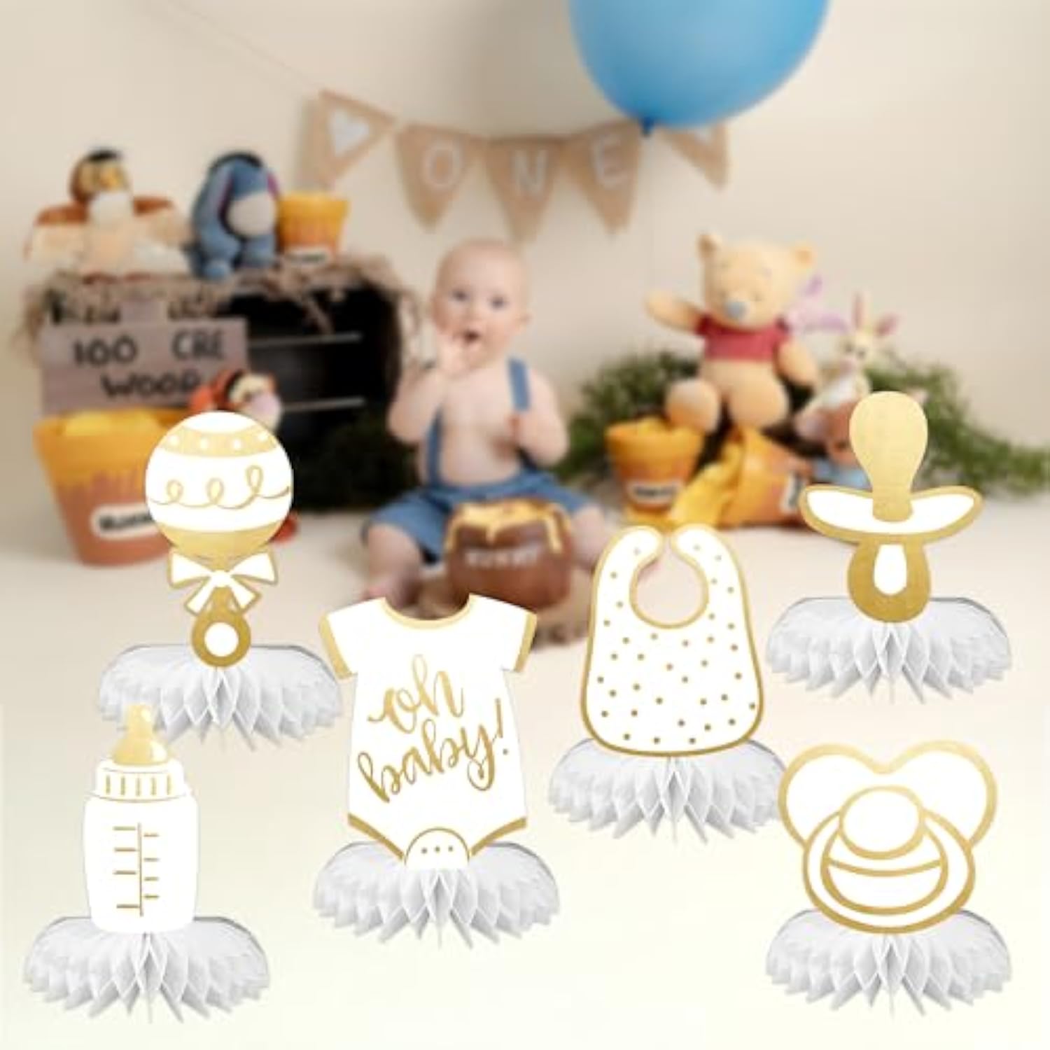 6PCS Neutral Gold "Oh Baby" Honeycomb Table Centerpieces for Gender-Neutral Baby Shower